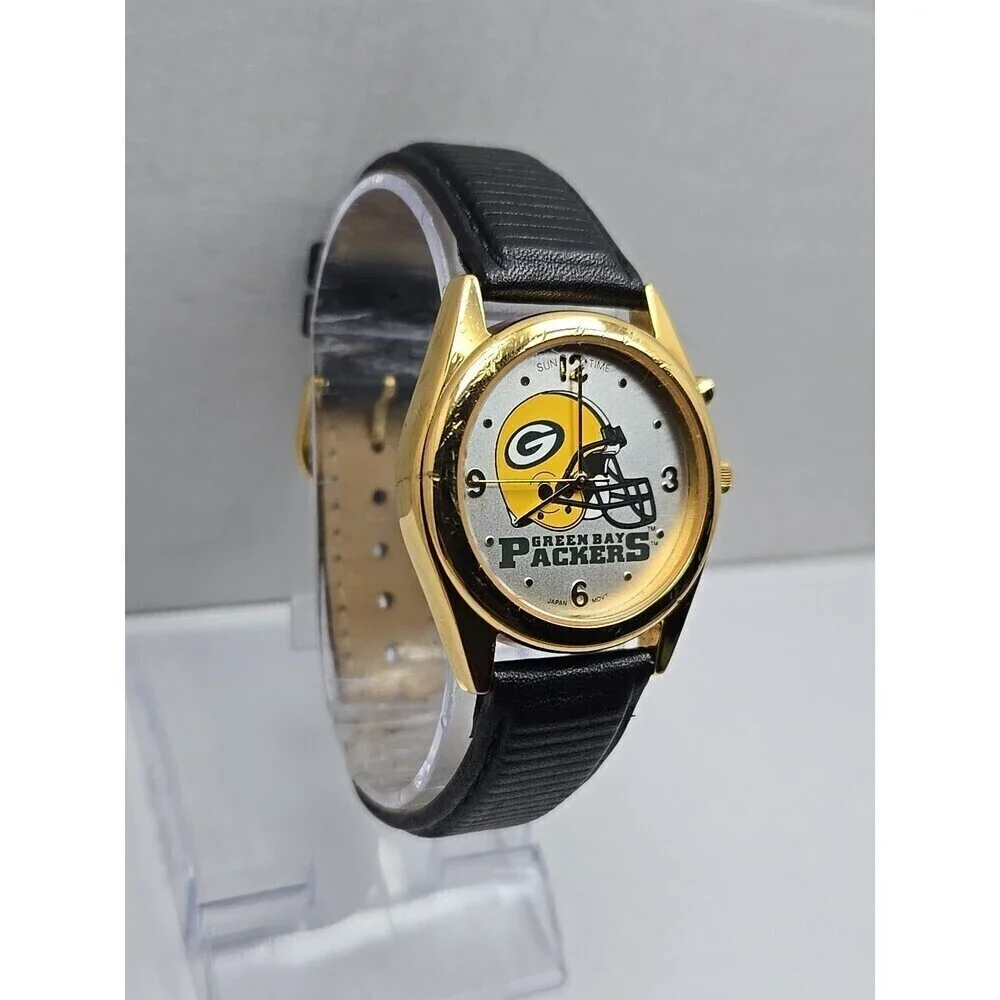 Green Bay Packers Sun Time Quartz Analog Watch Gold Tone Football New Battery